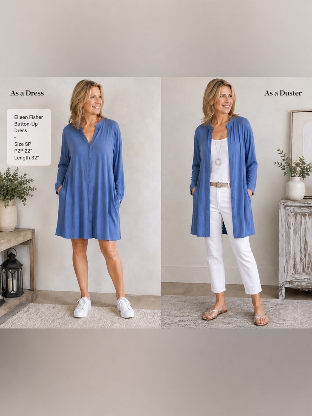 Eileen Fisher Blue Button Front Jersey Dress Petite Small SP